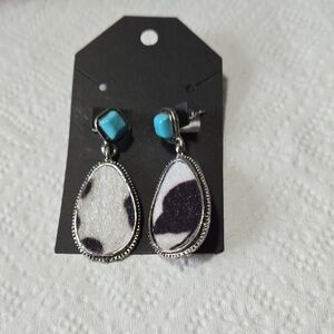 Turquoise and Black & White Teardrop Dangle Earrings